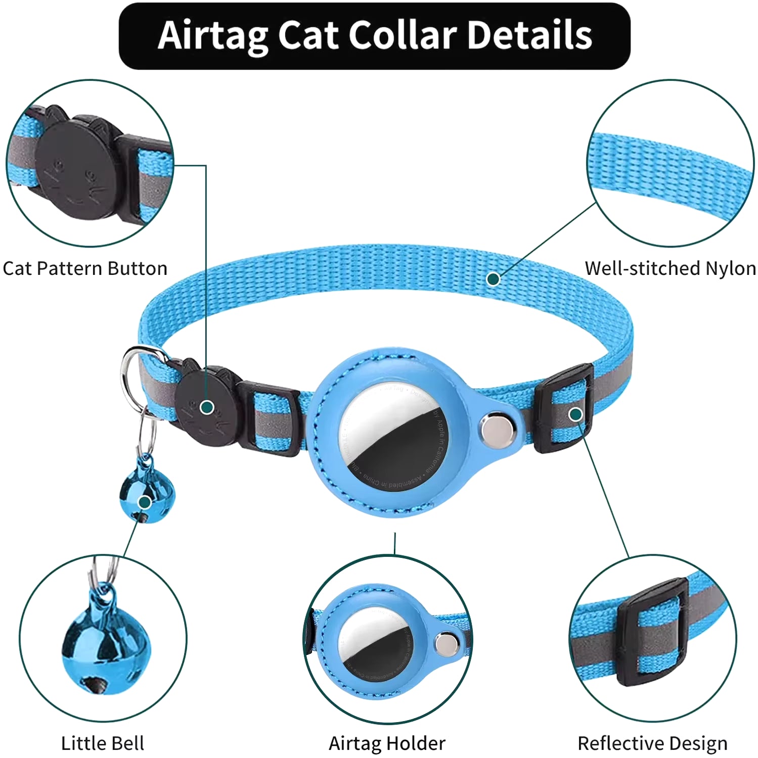 Airtag Holder Collar with Breakaway Feature, Reflective Strips, Adjustable Design