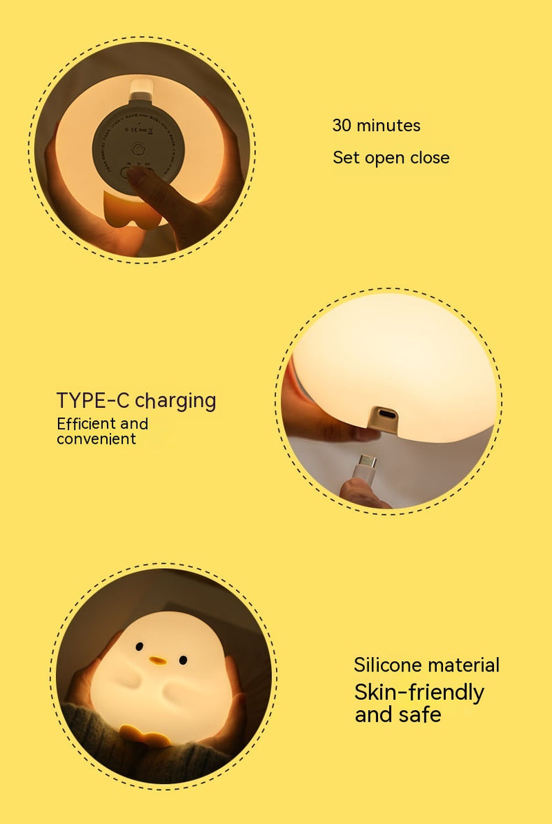 Adorable Cartoon Duck Night Light - Silicone, USB Rechargeable, Touch Sensor, and Timer Features